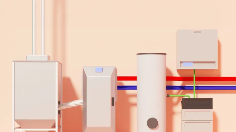 3D-Visualisierung des Wärme­pumpen-Biomasse-Hybrid-Anlage, einschließlich eines Heizkessels, eines Warmwasserbereiters und einer Steuerungseinheit, mit farbigen Rohren im Hintergrund.