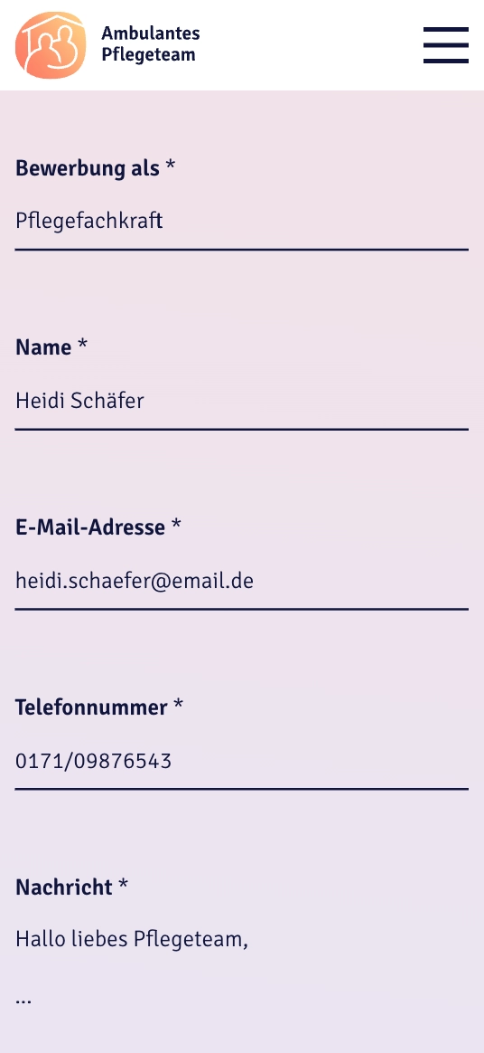 Smartphoneansicht eines lavendelfarbenem Kontaktformular für die Bewerbung