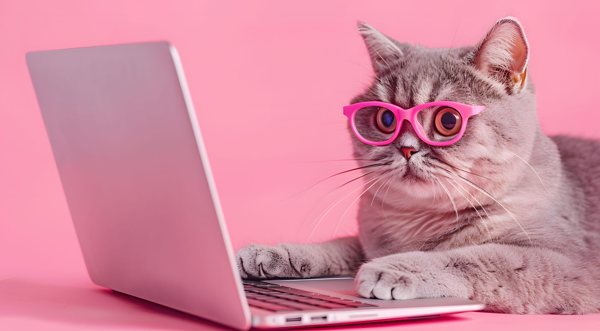 Katze mit pinker Brille am Laptop